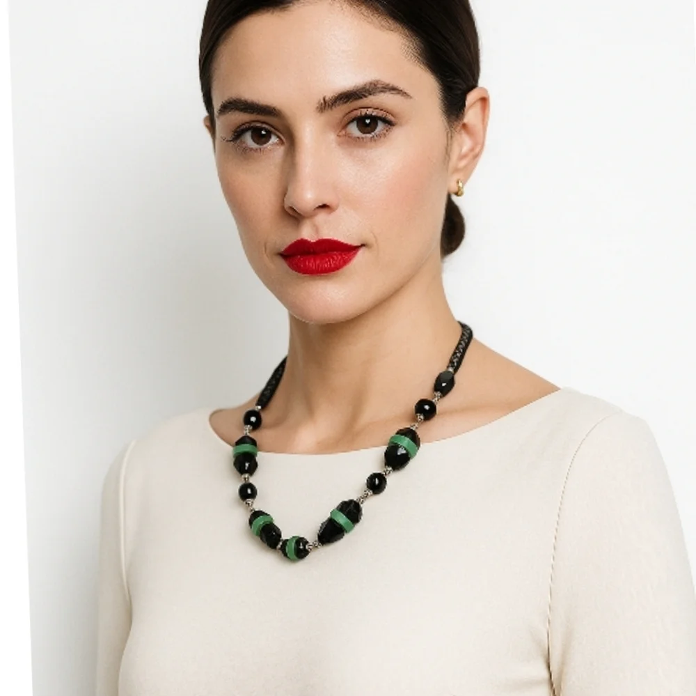 Vintage Green and Black glass bead mid century modern necklace